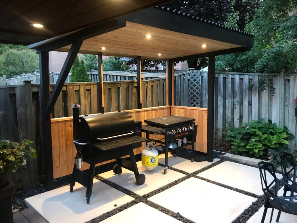 Covered outdoor kitchen with grills on a large-format paver patio