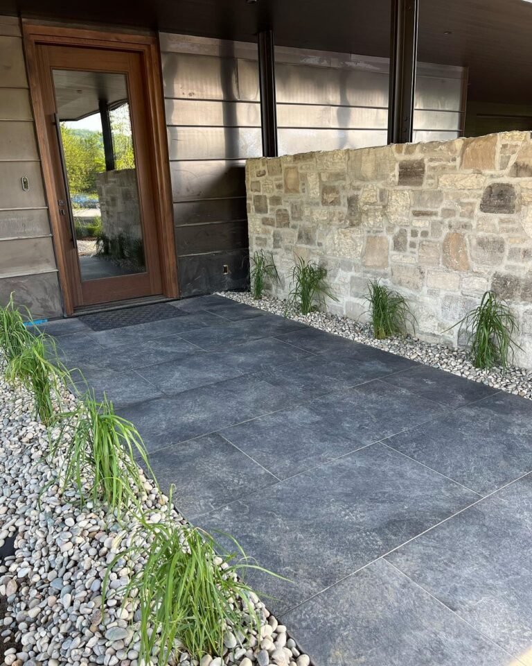 Wet-laid stone walkway to the front door. Thor Construction job photo.