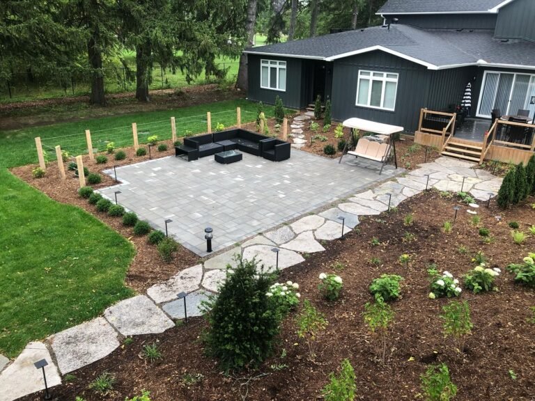 Backyard with fire pit, patio and new planting, Stouffville. Thor Construction job photo.