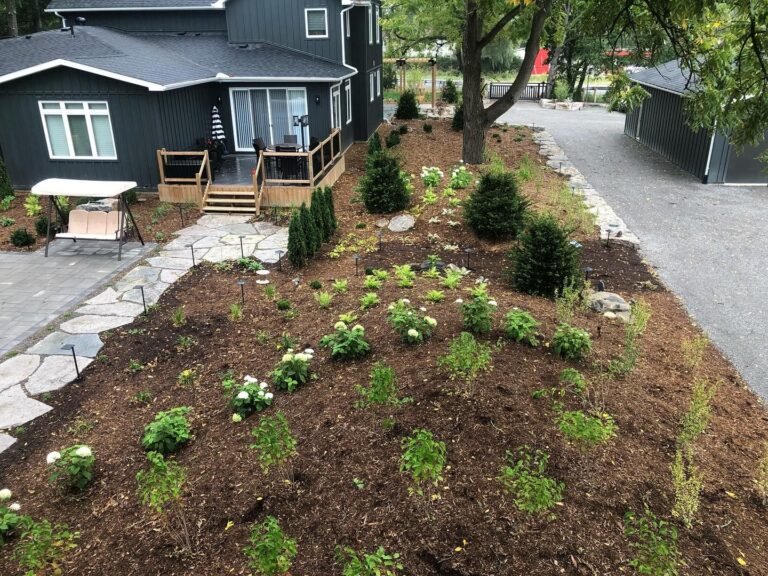 Backyard with fire pit, patio and new planting, Stouffville. Thor Construction job photo.