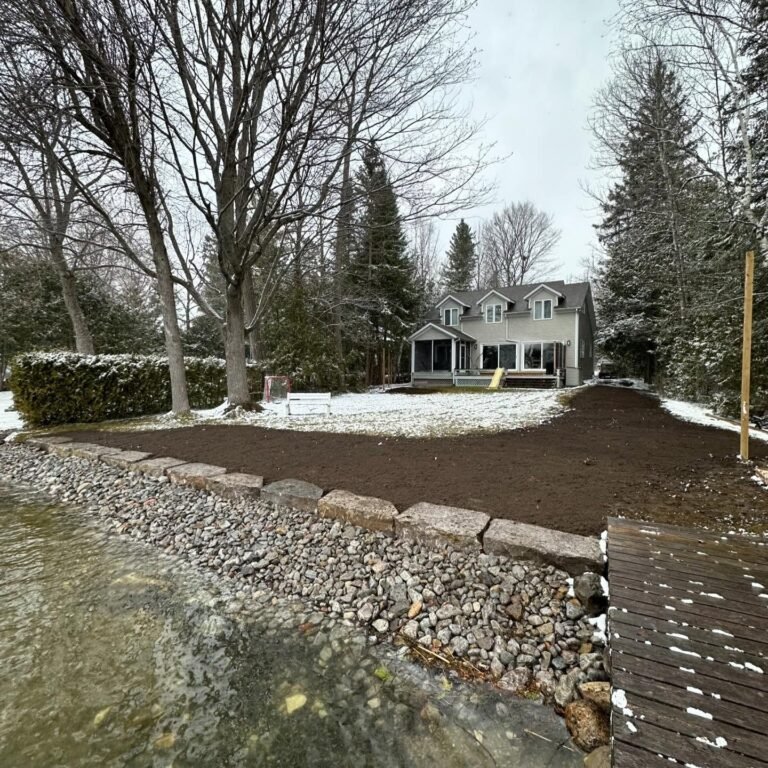 Shoreline rebuild on Pigeon Lake, before and after, Bobcaygeon. Thor Construction job photo.