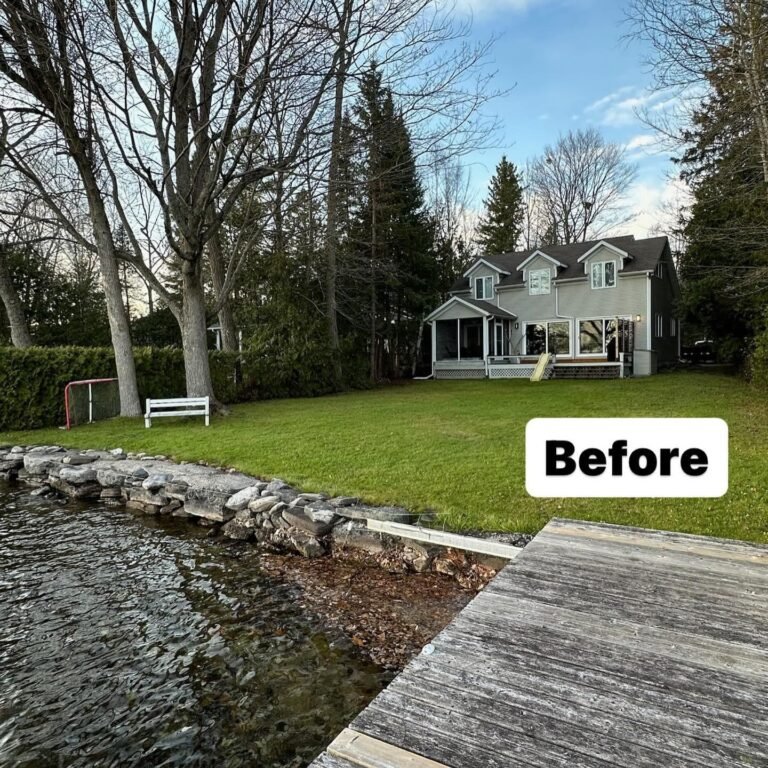 Shoreline rebuild on Pigeon Lake, before and after, Bobcaygeon. Thor Construction job photo.