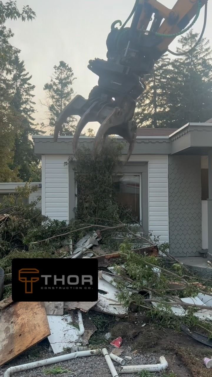 House demolition to make way for a new custom home, Pickering. Thor Construction job video.