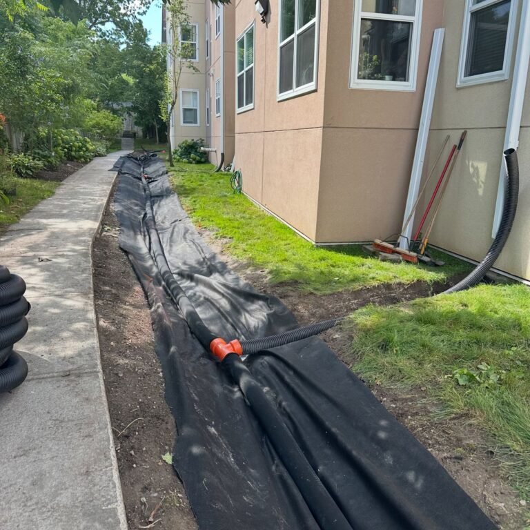 Drainage trench beside a walkway, Lindsay. Thor Construction job photo.