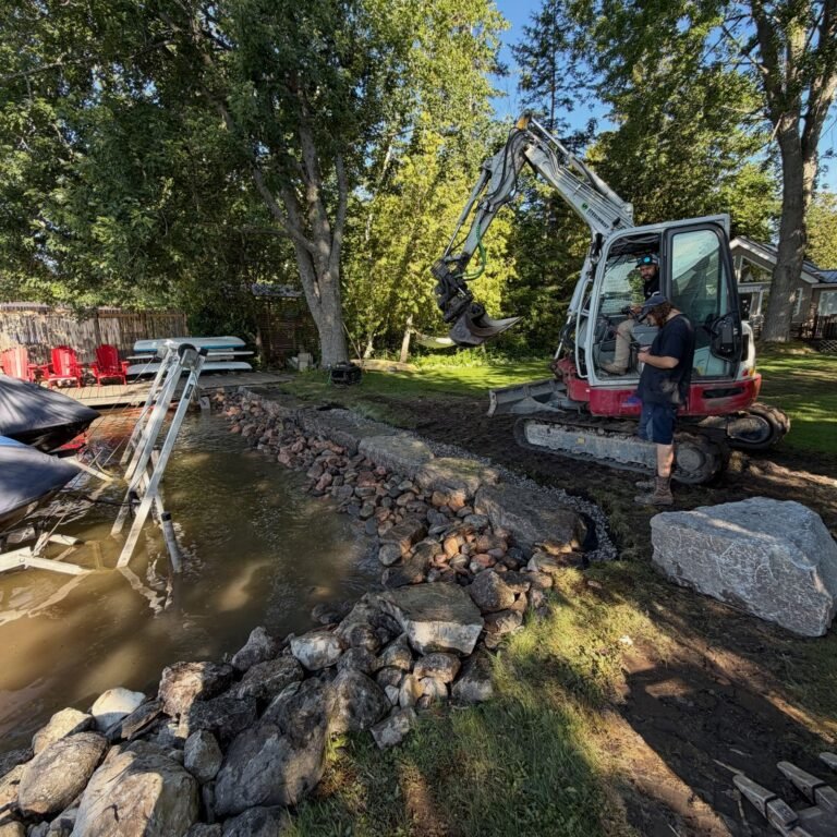 Armour stone shoreline wall, Bobcaygeon. Thor Construction job photo.